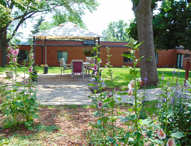One of the many garden patios available for residents.