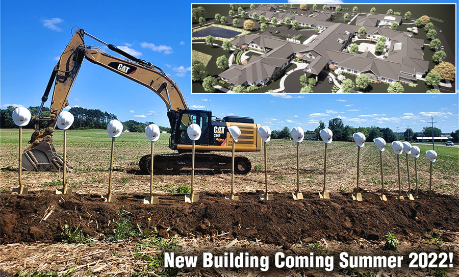 Shovels and an excavator at the groundbreaking of the new Rolling Hills Senior Living campus. The new building is scheduled to be completed Summer 2022.